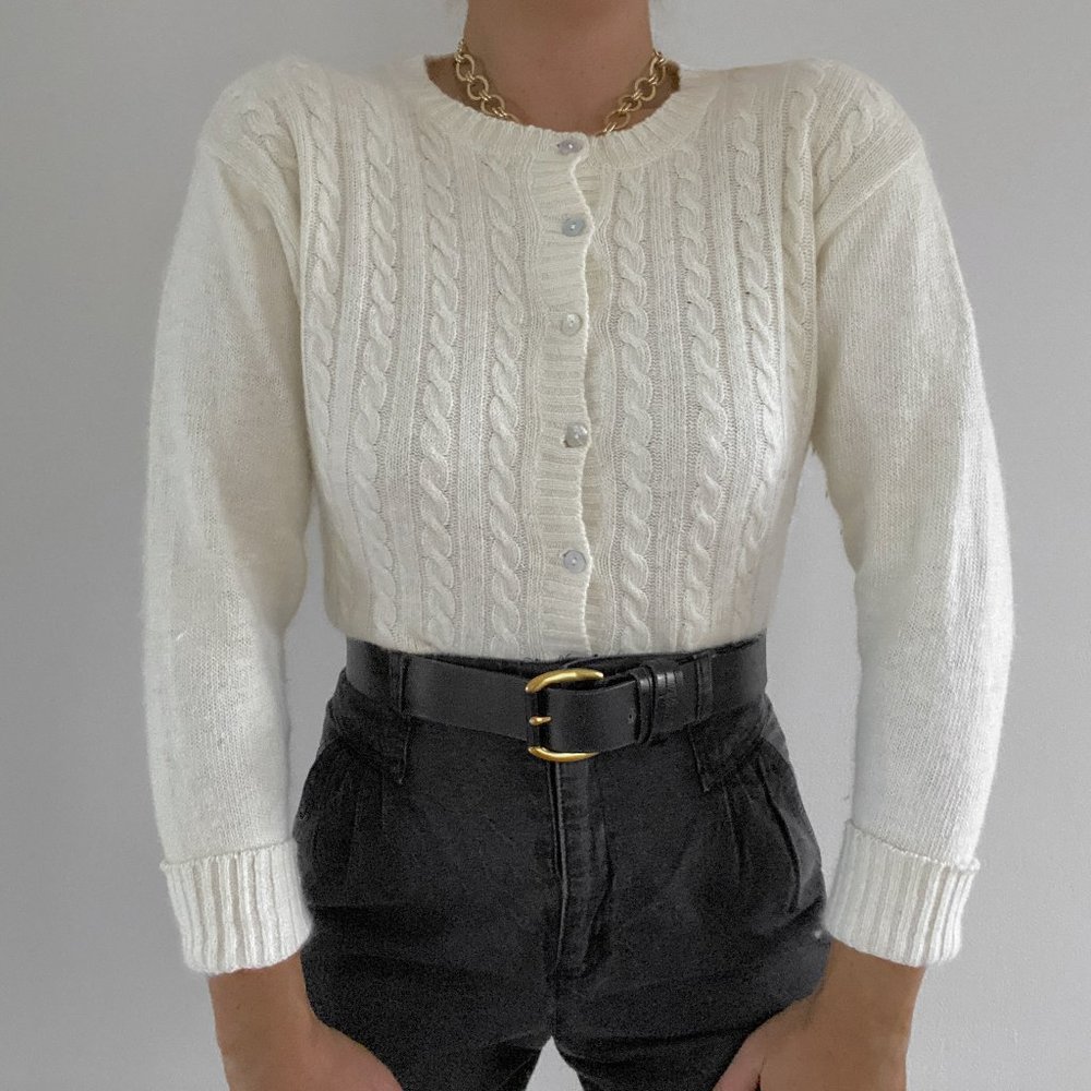 Vintage White Angora Cable Knit Cardigan Sweater - Picture 4 of 9
